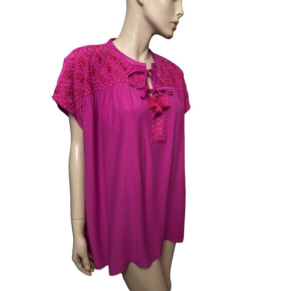 Johnny Was Calme Boho Double Tassel Top Embroidery Blouse L Raspberry Color - Picture 9 of 13